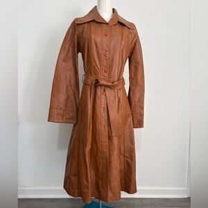Vintage IMPERIAL Women's Orange-Brown Leather Trench Coat with Belt, Size S, EUC